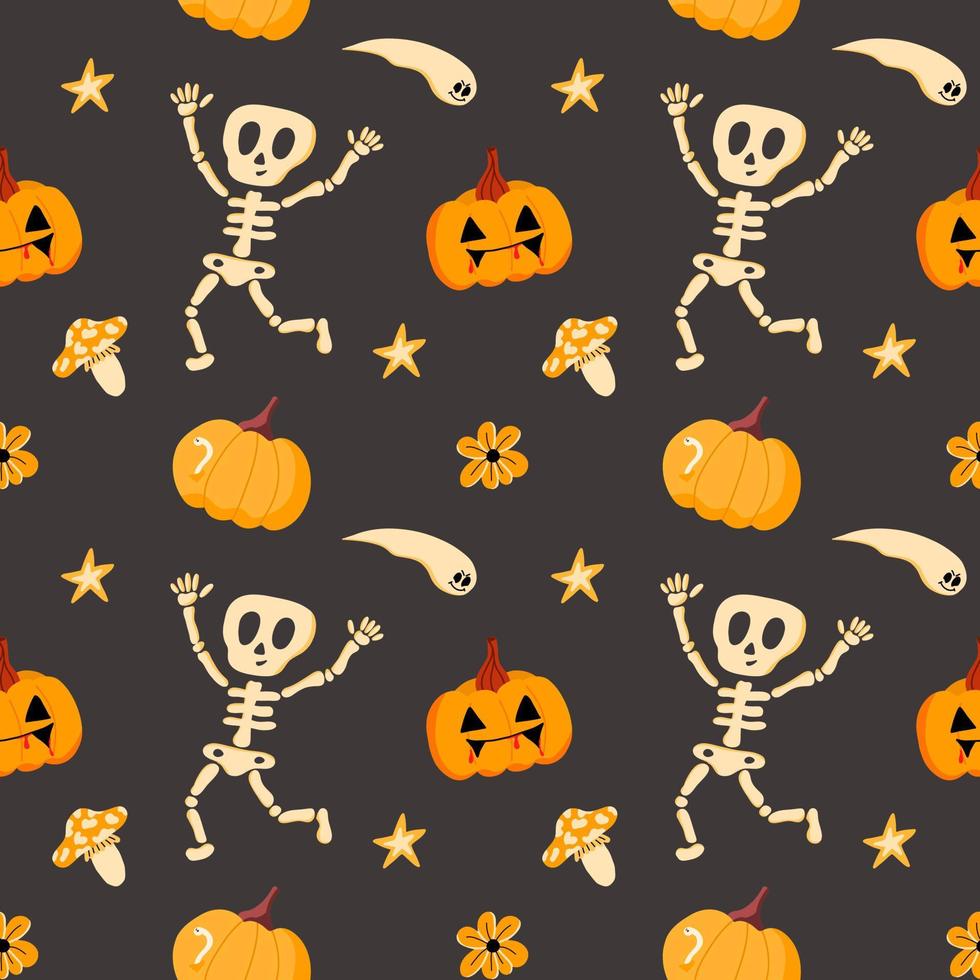 Vector pattern with a funny skeleton, pumpkins and ghosts, in a flat style on a gray background. Illustration for Halloween, T-shirts, gift wrapping, postcards, banners
