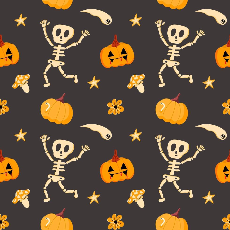 Vector pattern with a funny skeleton, pumpkins and ghosts, in a flat style on a gray background. Illustration for Halloween, T-shirts, gift wrapping, postcards, banners