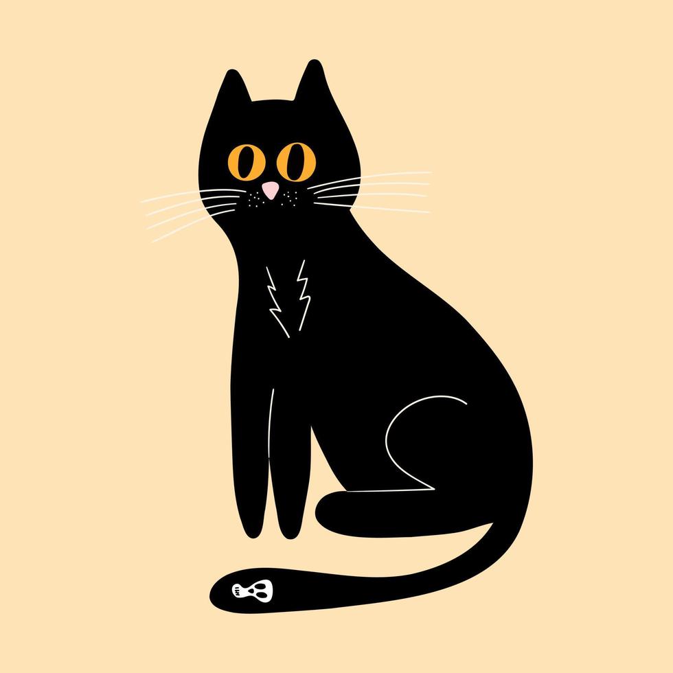 ilustración vectorial para halloween, un gato negro con ojos amarillos y una calavera en la cola en un estilo plano. ilustración para postales, carteles, estampados de camisetas, decoración navideña vector