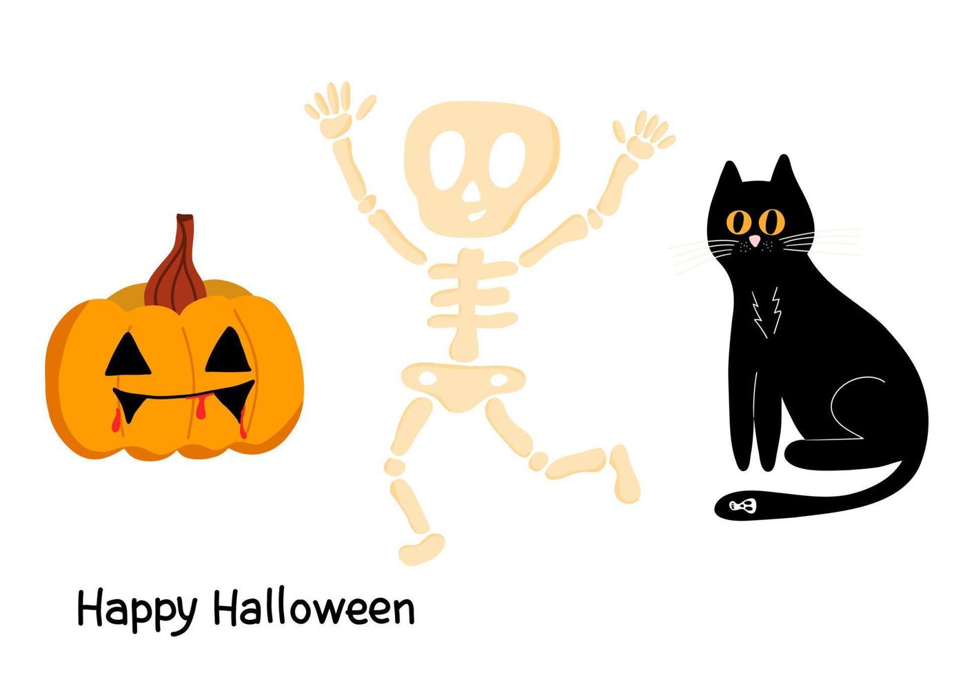 Vector set for Halloween with a black cat, a pumpkin and a funny skeleton on a white background in a flat style. Illustration for holidays, T-shirts, gift packaging, postcards, banners