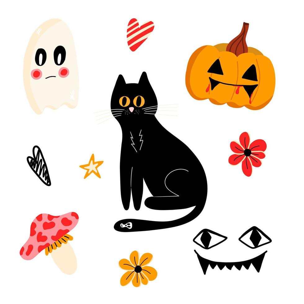 Vector set for Halloween with a black cat, a pumpkin and a ghost in a flat cartoon style on a white background. Holiday illustrations, T-shirts, gift wrapping, postcards, banners
