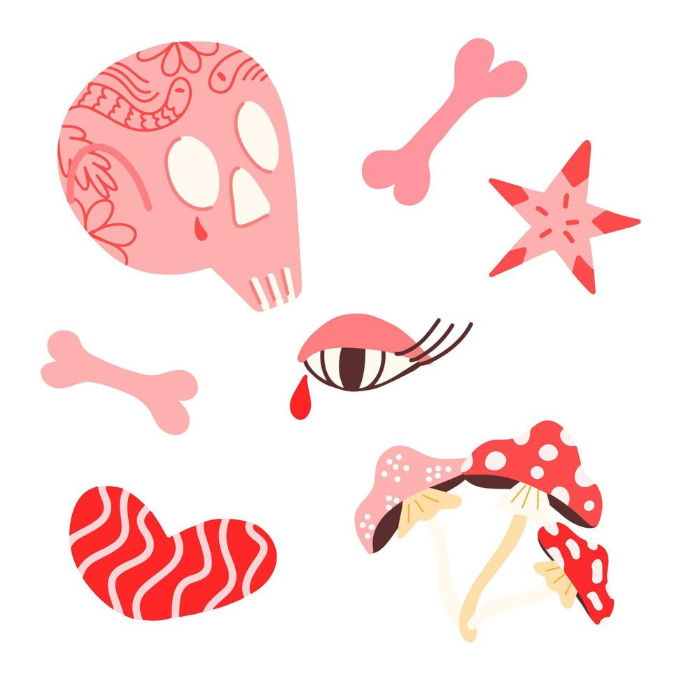 Vector set for Halloween with a skull, mushrooms and hearts in a flat cartoon style on a white background. Holiday illustrations, T-shirts, gift wrapping, postcards, banners