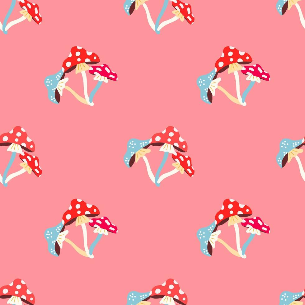 vector pattern with mushrooms-fly agaric in a flat modern style on a pink background. Pattern for Halloween, postcards, T-shirts, fabrics, packaging