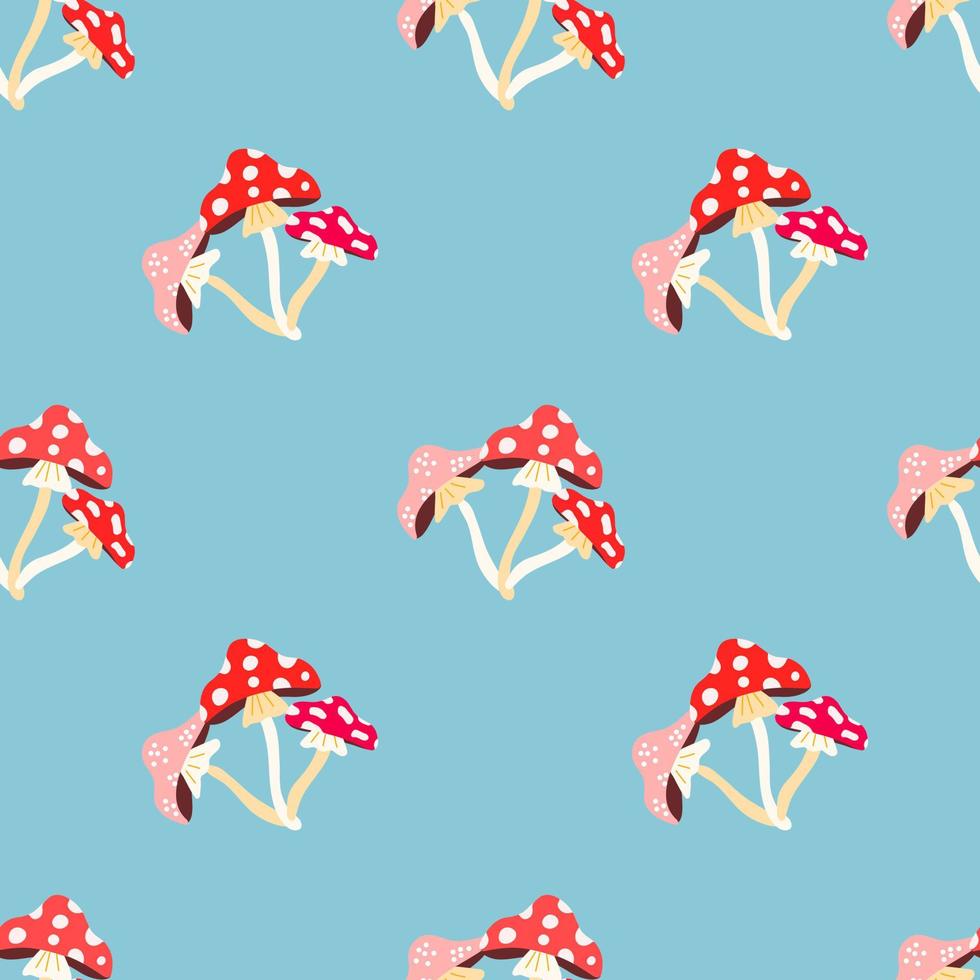vector pattern with mushrooms-fly agaric in a flat modern style on a blue background. Pattern for Halloween, postcards, T-shirts, fabrics, packaging