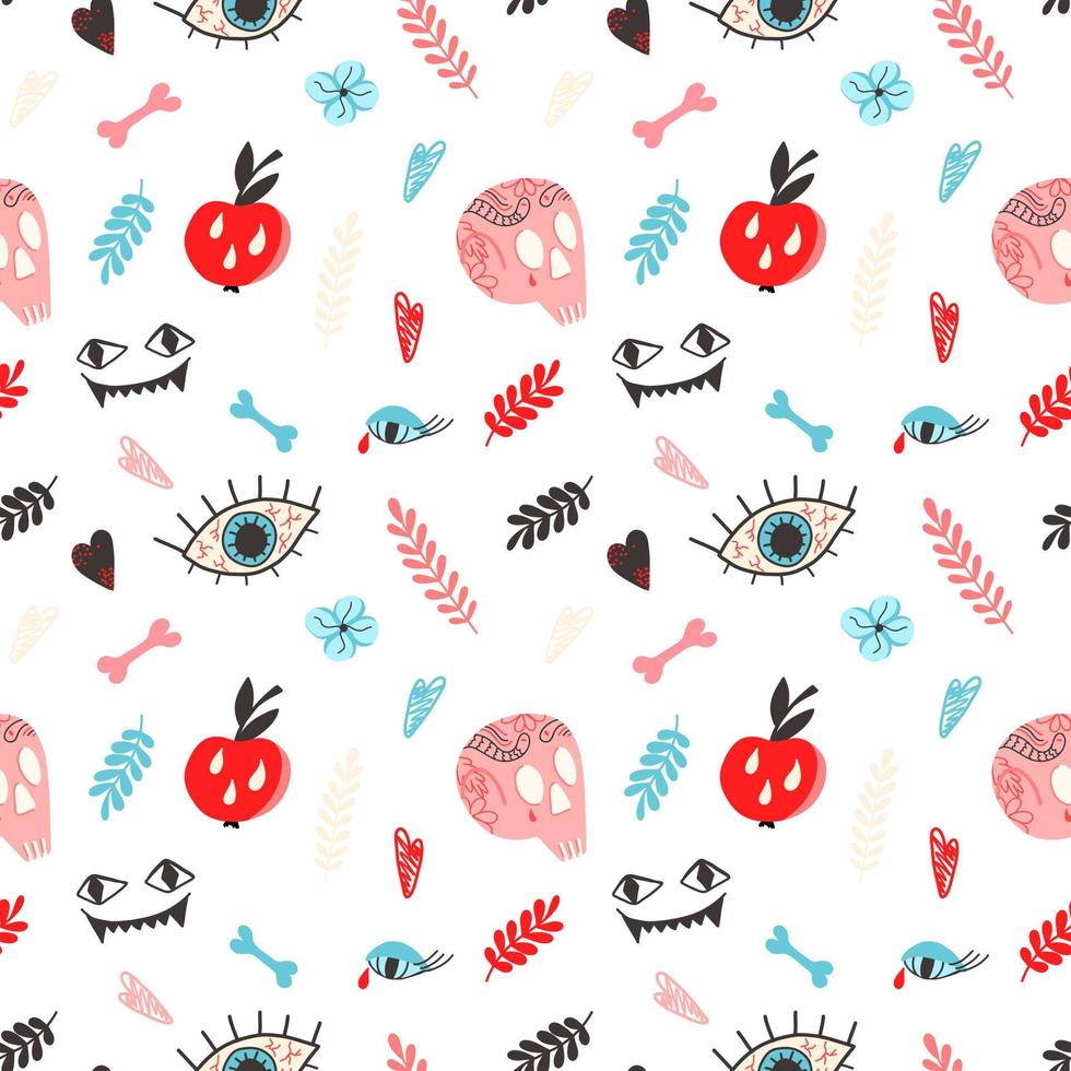 patrón vectorial con cráneo, tatuajes, huesos, manzana, ojos, en un estilo plano sobre un fondo blanco. ilustración para halloween, camisetas, envoltura de regalos, postales, pancartas vector