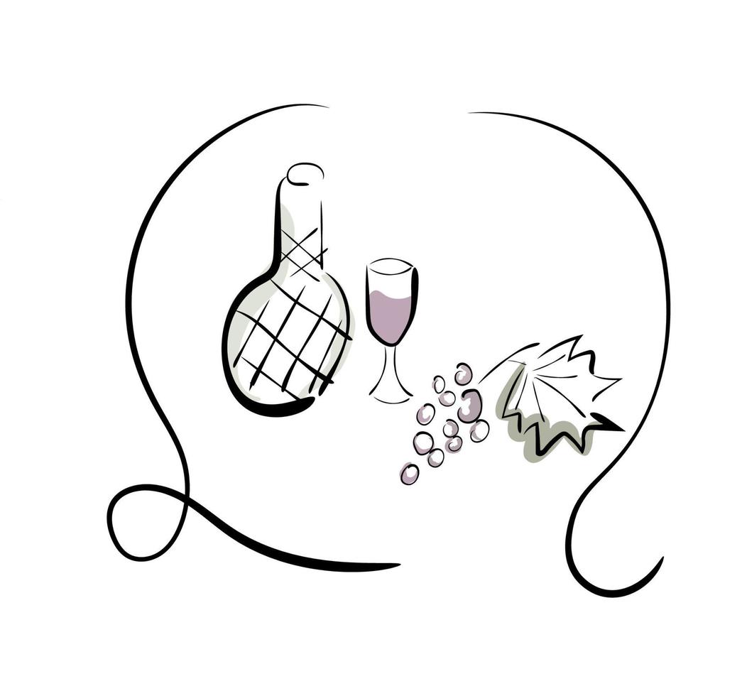 Drawing of wine, grapes and a glass. Italian wine. vector