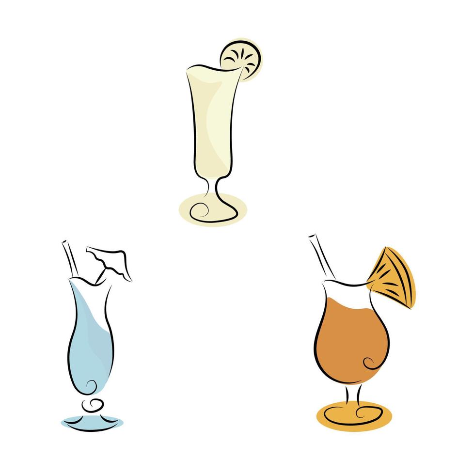 A set of cocktails with straws and fruit in glasses. For the menu, cocktail party. vector