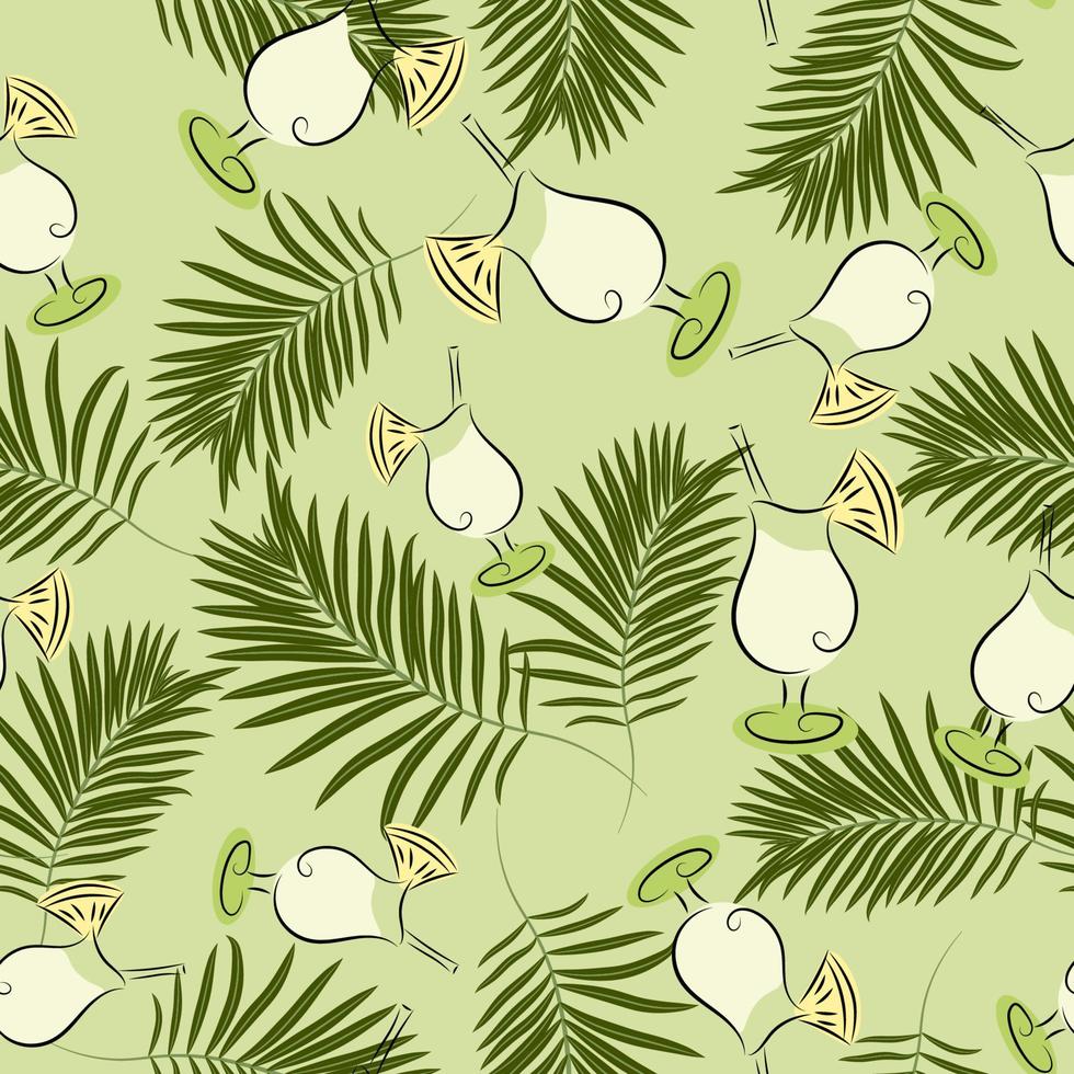 Seamless tropical background with cocktail and palm leaves. Pattern. vector