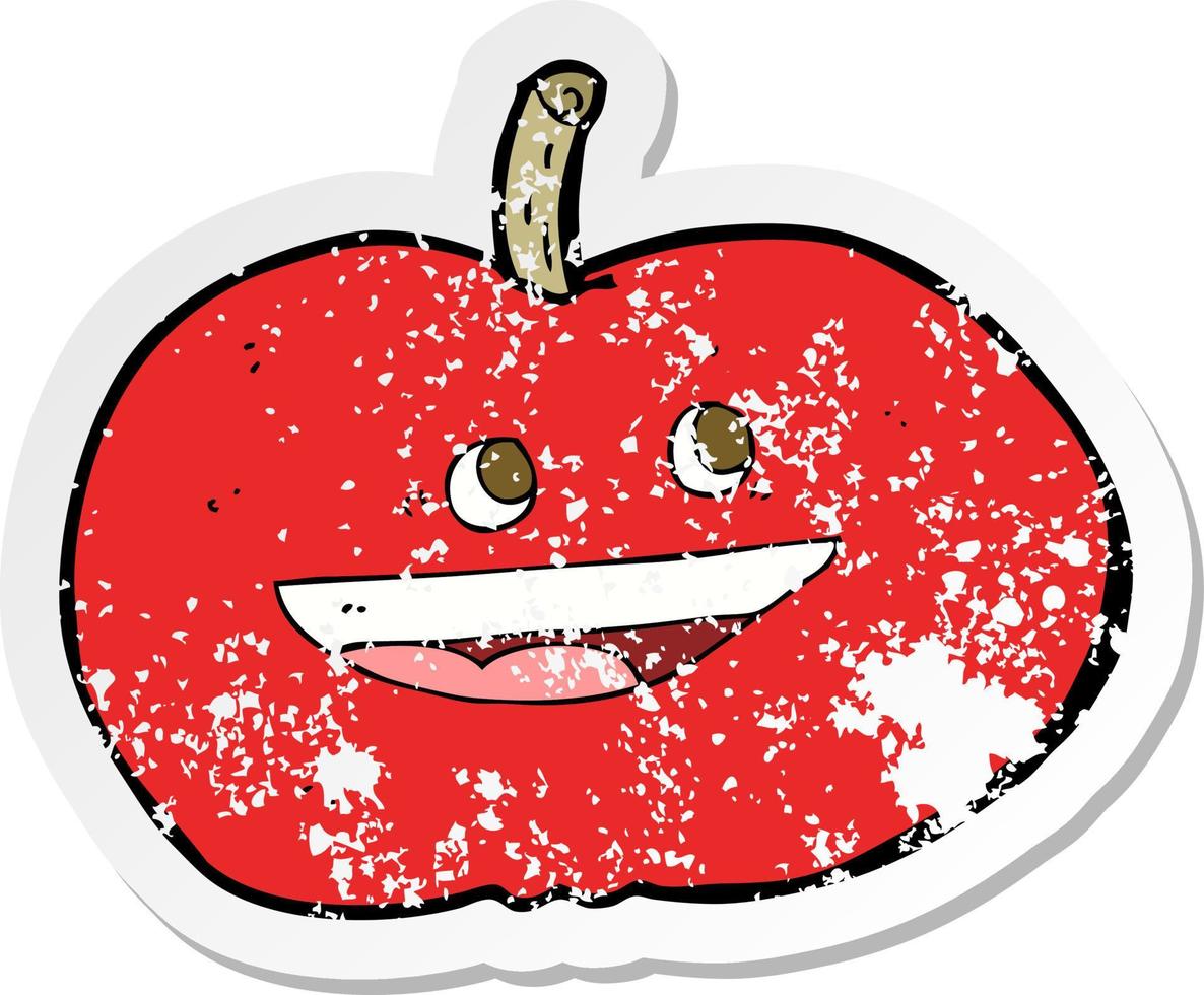 retro distressed sticker of a cartoon happy apple vector