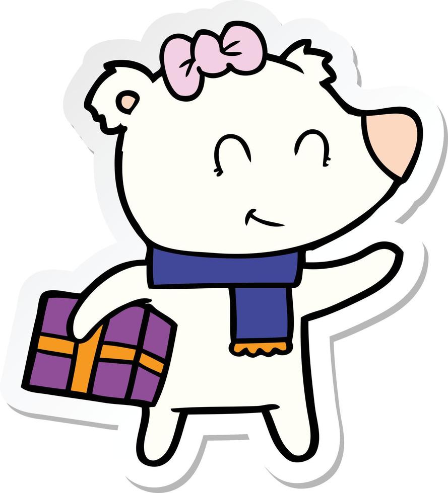 sticker of a female polar bear with christmas present vector