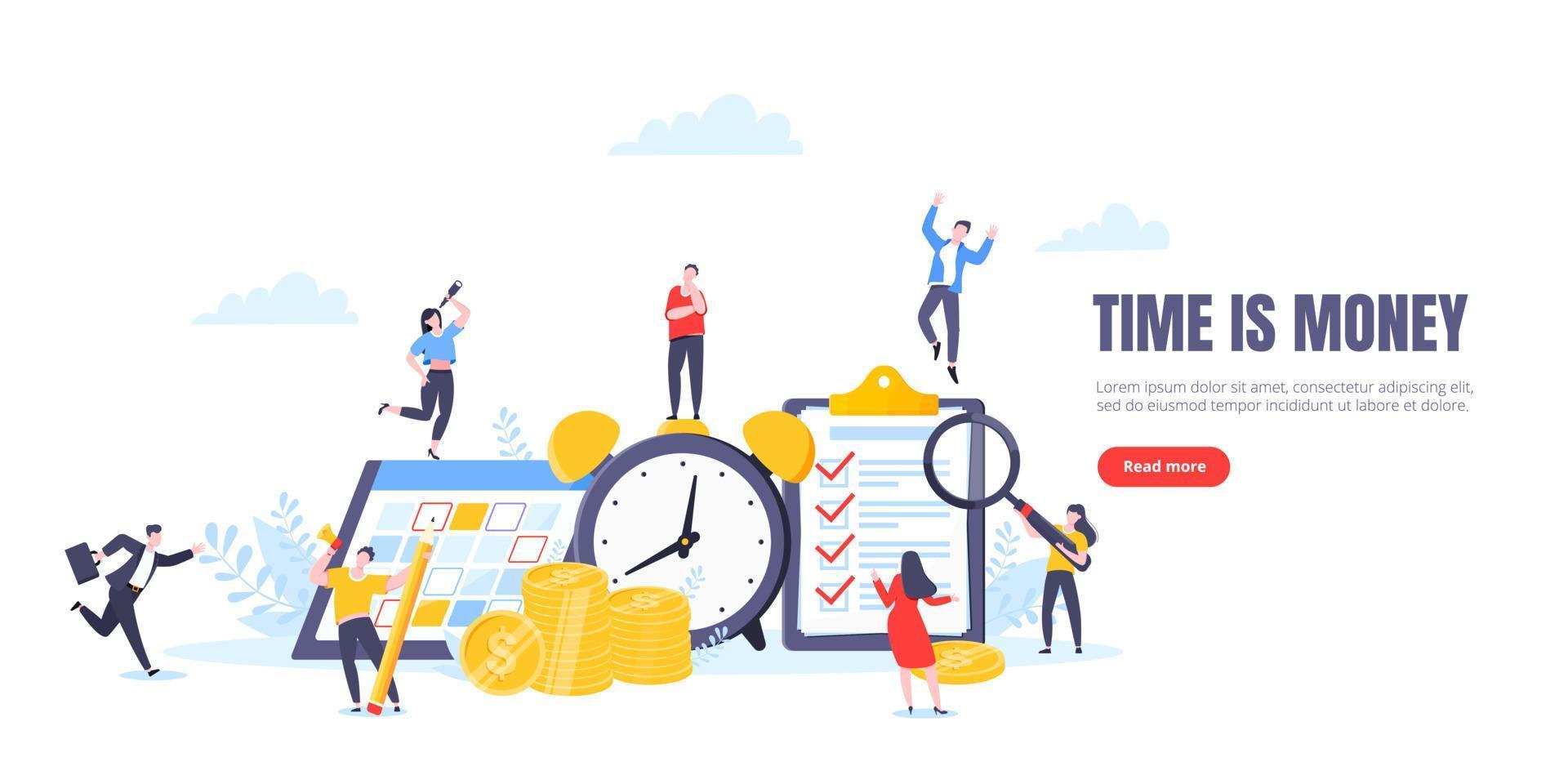 el tiempo es dinero o concepto de negocio de ahorro de dinero. personas diminutas que trabajan con reloj, horario de calendario y símbolo de lista de verificación. vector