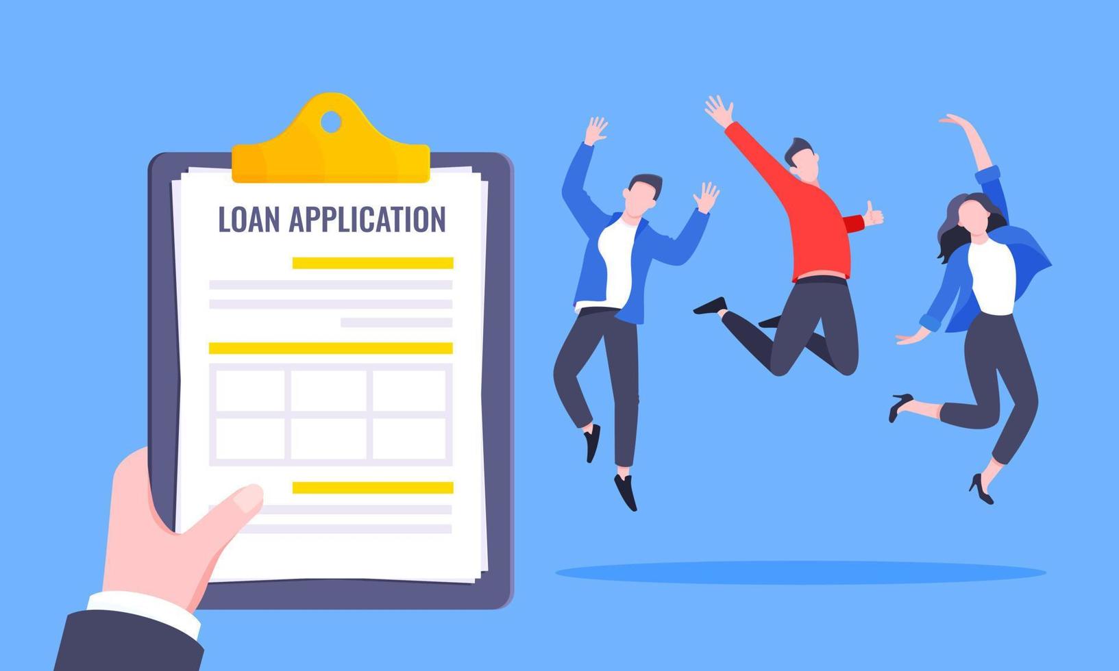 Hand holds clipboard with loan approval application paper sheets document. vector
