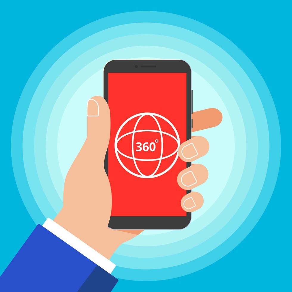 Hand hold black device phone with 360 degrees angle icon sign outline flat design style vector illustration isolated on light blue background. Symbol of 360 degrees VR videos, photo and games.