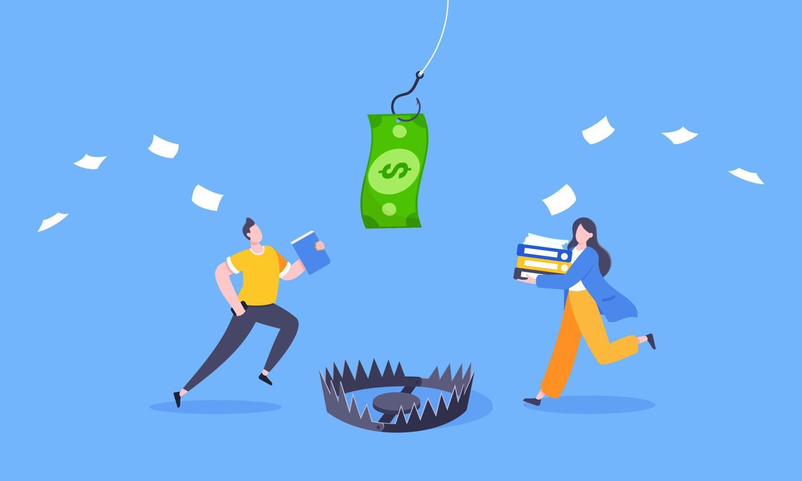 Fishing money chase business concept with business people running after dangling dollar and trying to catch it. vector