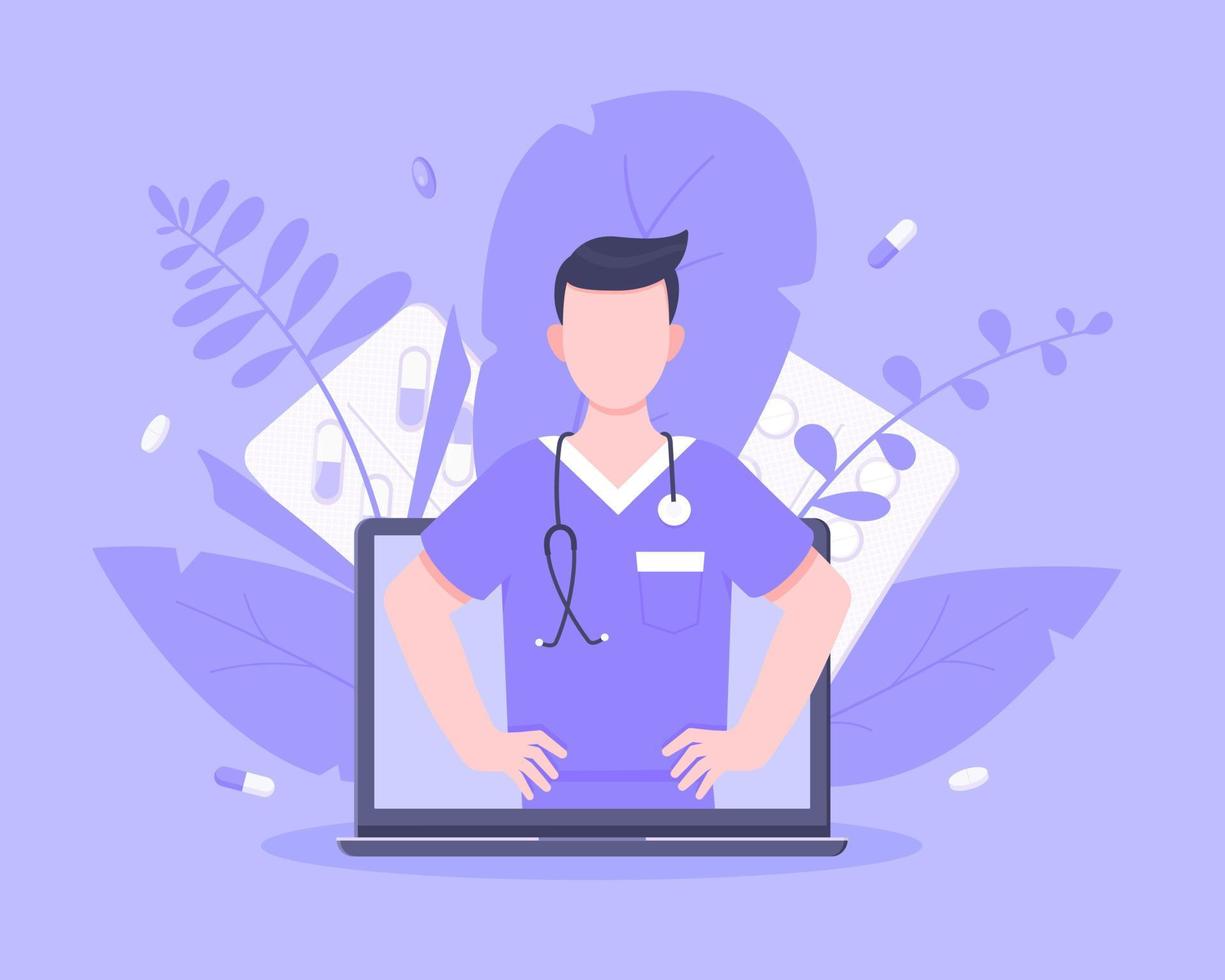 Online doctor medical service concept with doctor in the laptop vector illustration.