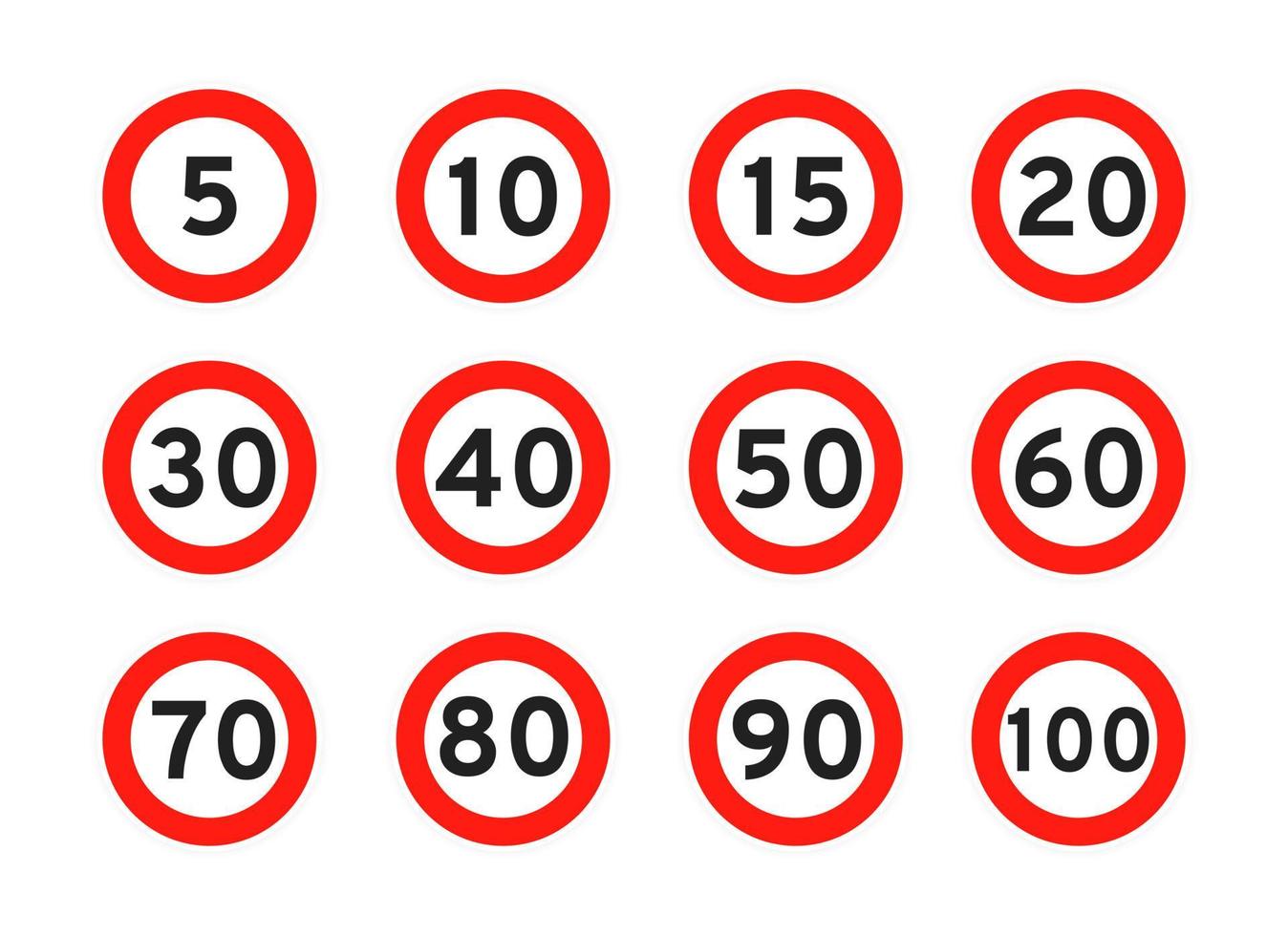 Speed limit 5, 10, 15, 20, 30, 40, 50, 60, 70, 80, 90, 100 round road traffic icon sign flat style design vector illustration set.