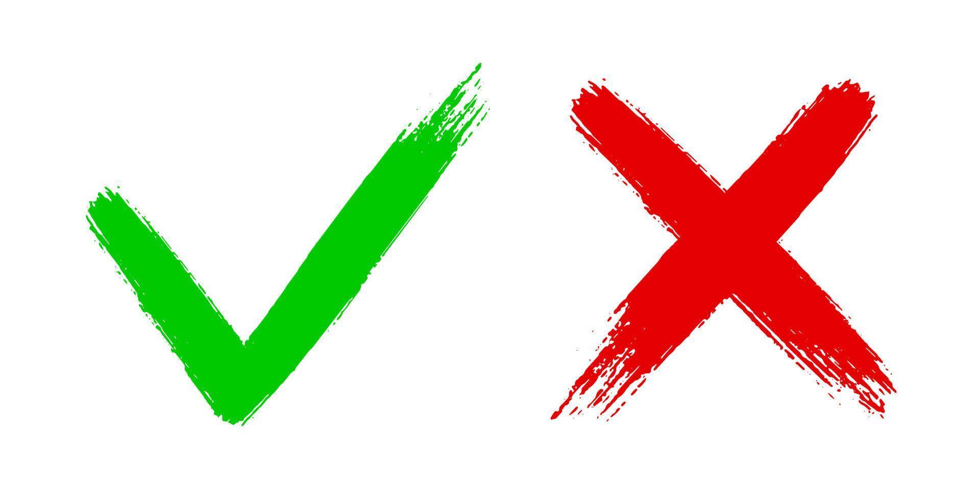 Two dirty grunge hand drawn brush strokes cross x and tick v OK check mark vector illustration isolated on white background.