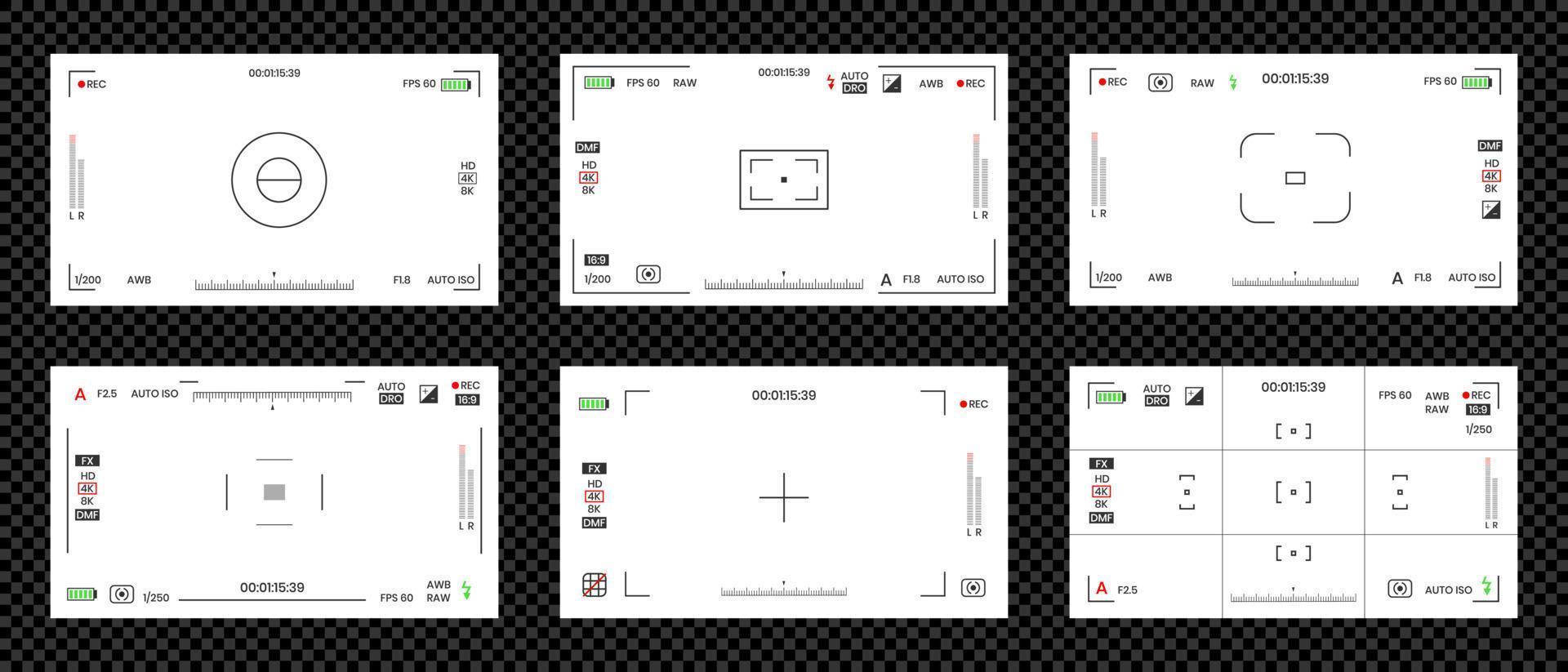 Camera viewfinder video or photo frame recorder flat style design vector illustration set.