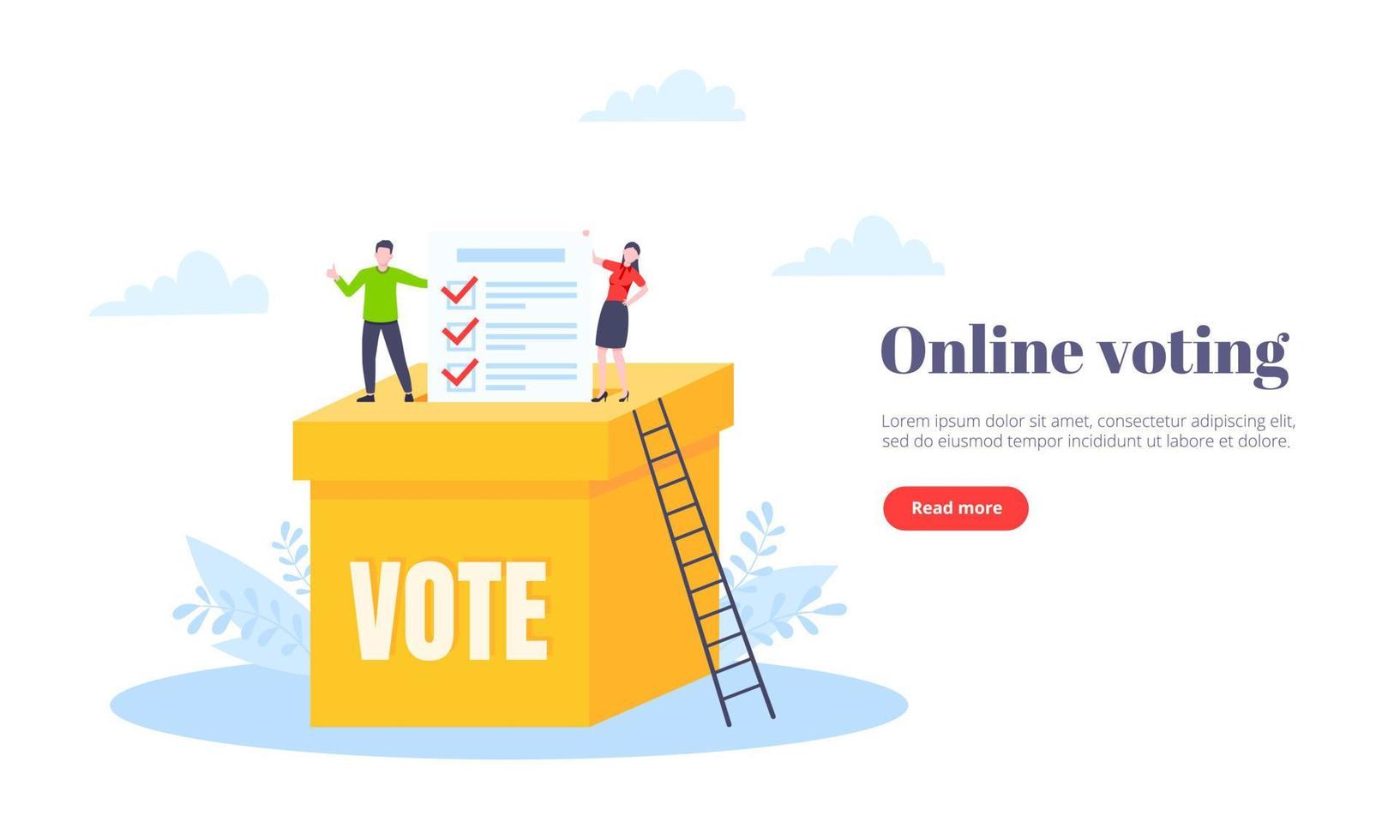 Online voting concept flat style design vector illustration. Tiny people with voting poll online survey working together.