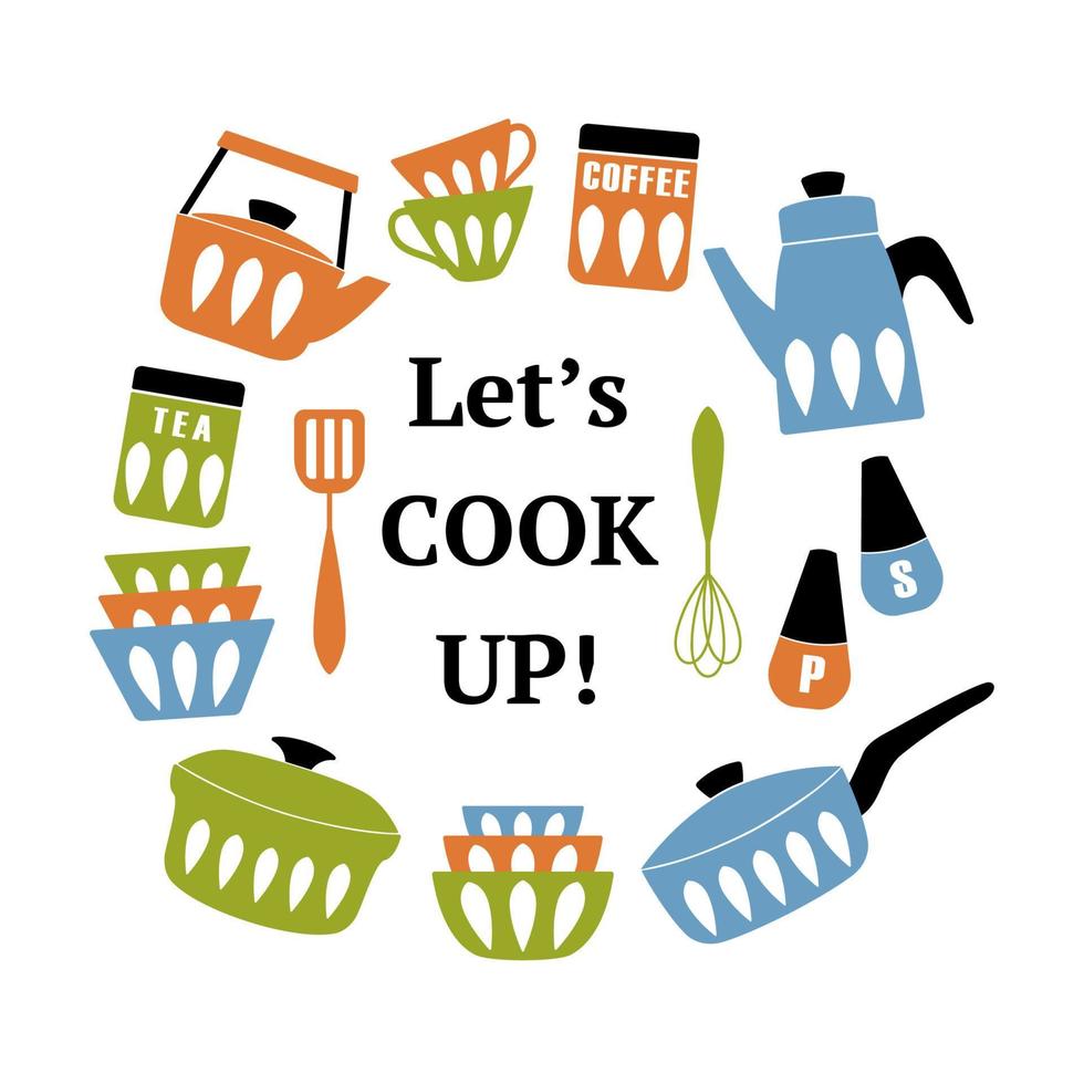Mid Century Modern Kitchen Poster. Collection of cooking utensil with phrase Let's Cook Up. Vector clipart. Good for print.