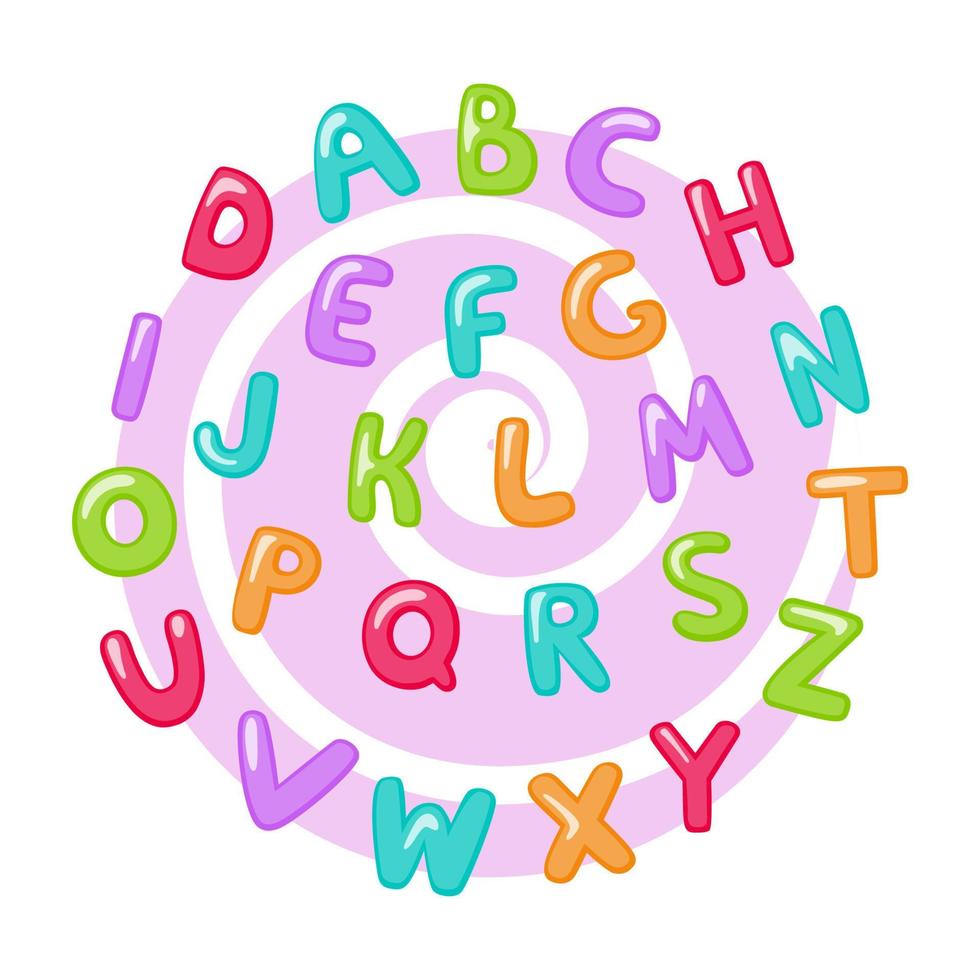 Childish cute English Alphabet. Bold shiny doodle font. Vector template.