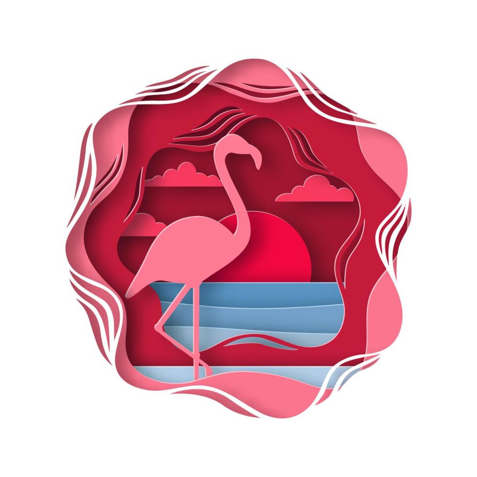 Silhouette of flamingo in origami style. Tropical landscape. Sunset on the coast. Vector paper cut illustration.