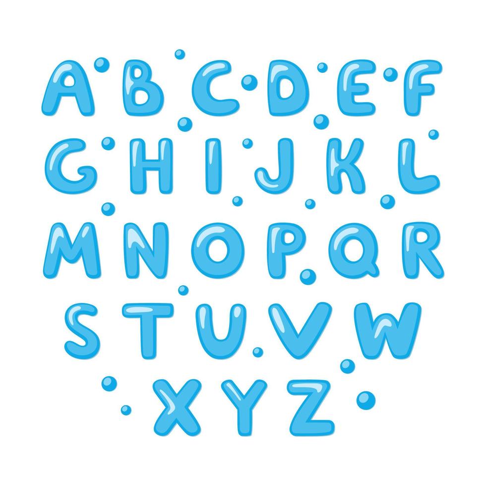 Childish cute English Alphabet. Bold and shiny doodle font. Cartoon letters. Vector template.