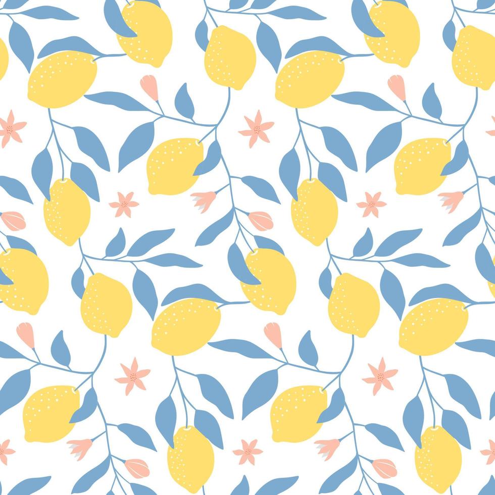 patrón transparente dibujado a mano con limones frescos, hojas y flores. colorido fondo de pantalla de verano. colección de cítricos. fondo vectorial bueno para imprimir. vector