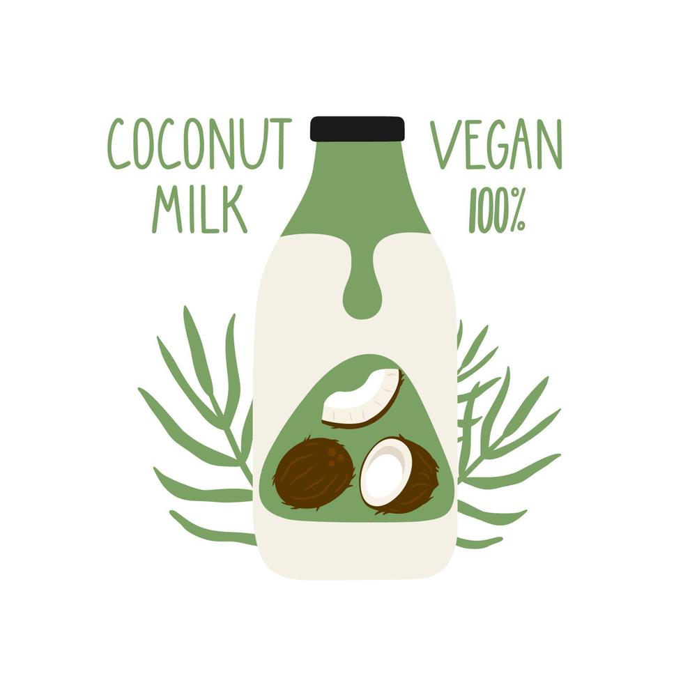 Coconut milk in a cartoon bottle. Vegan milk. Packaging. Vector hand drawn illustration.