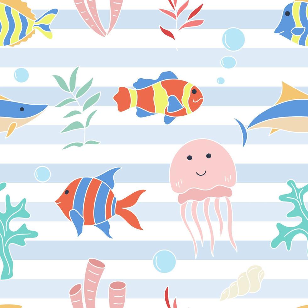 Marine underwater seamless striped pattern with fish and algae vector