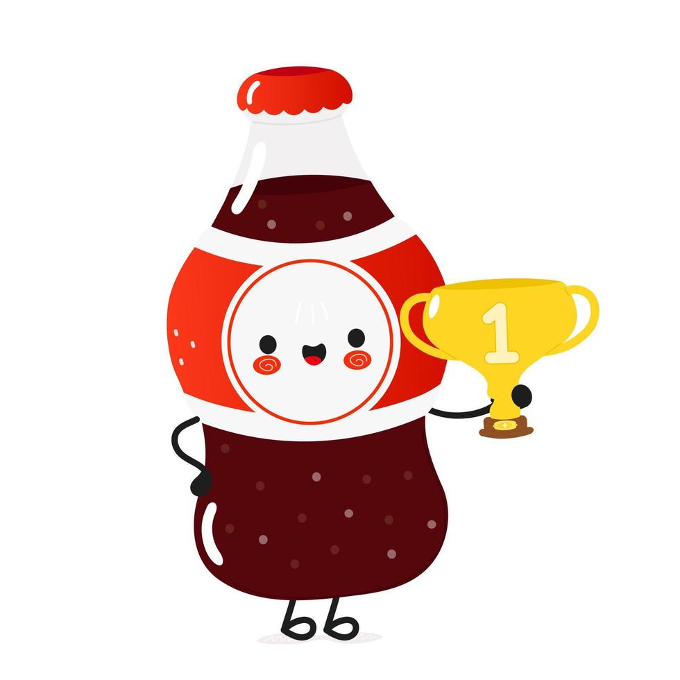 Cute funny bottle cold drink cola hold gold trophy cup. Vector hand drawn cartoon kawaii illustration icon. Isolated background. Bottle cold drink cola winner trophy cup