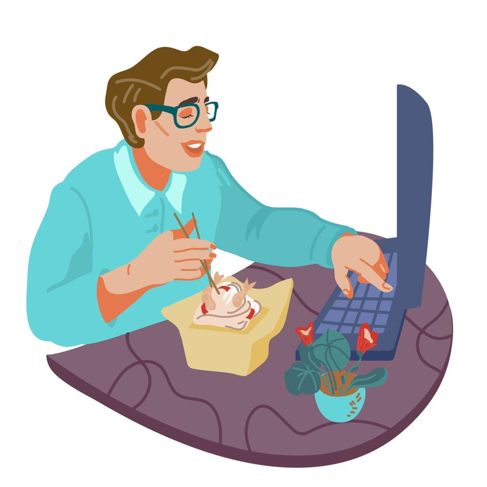 Freelancer or business man character eating and working at computer. Break time concept and pause in work for lunch. Take away food and meals delivery to home and office. Flat vector illustration.