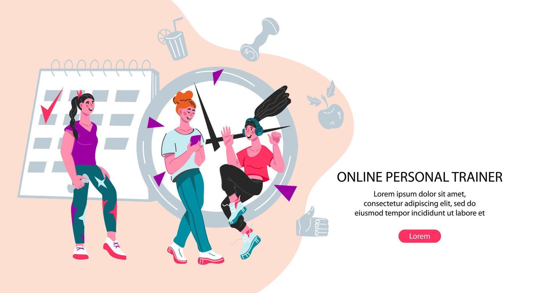 Personal fitness training and sport workout planning web banner with women characters. Weight control and dieting mobile application interface or landing page design. Flat vector illustration.