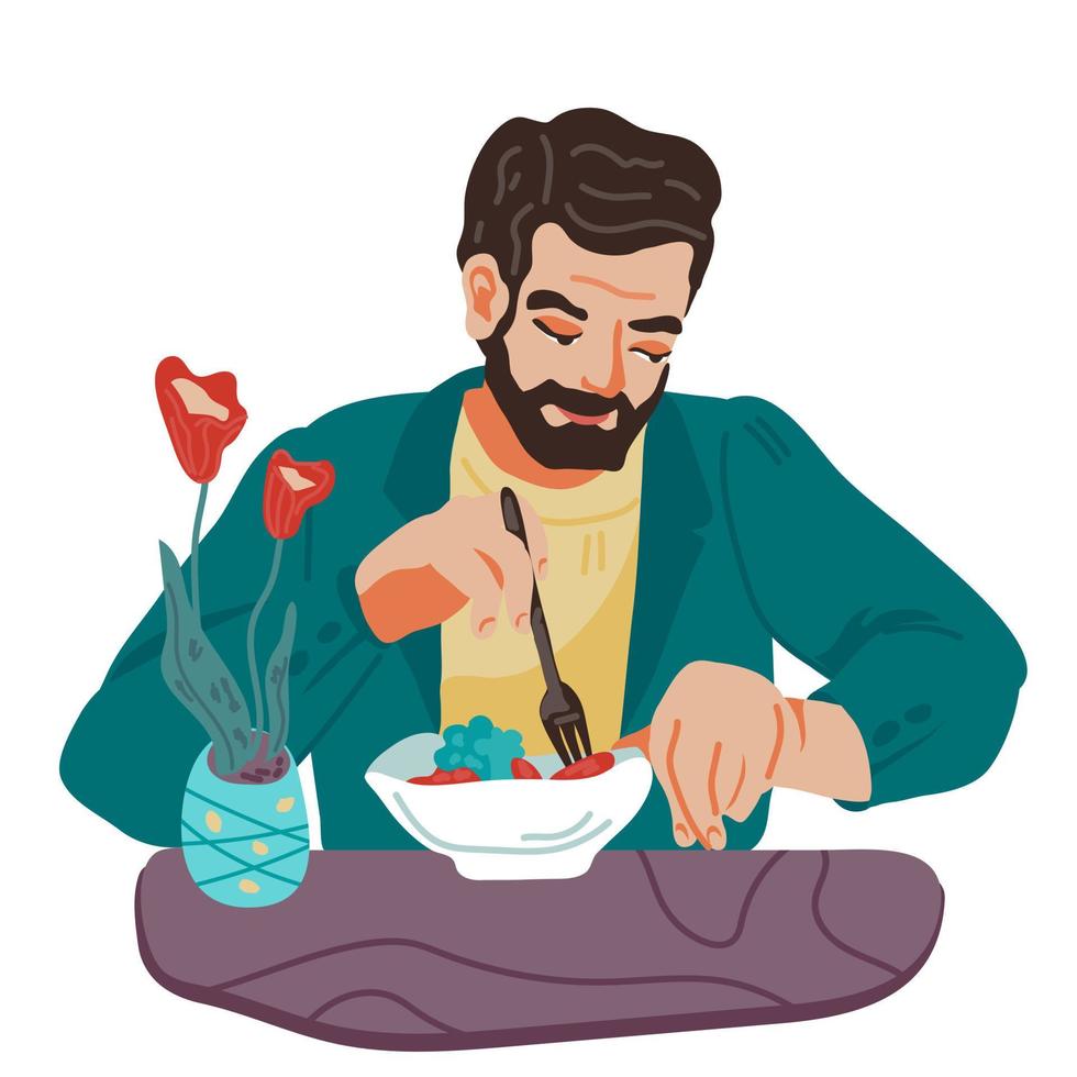 Man cartoon character eating healthy vegetables salad, flat vector illustration isolated. Healthy vegetarian food and dieting, business lunch time break. Eating at home or restaurant, cafe.