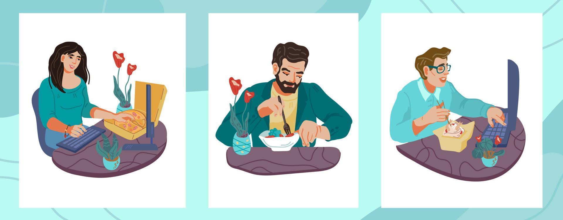 Set of eating and working people cartoon characters. Lunch break or dinner time in office or at home. Healthy and unhealthy food and dieting. Flat vector illustration isolated.
