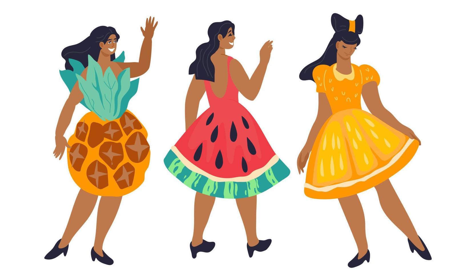 Women characters in creative dresses in shape of tropical fruits for summer party banner or invitation. Holiday design for cocktail bar or dance rave. Flat cartoon vector illustration isolated.