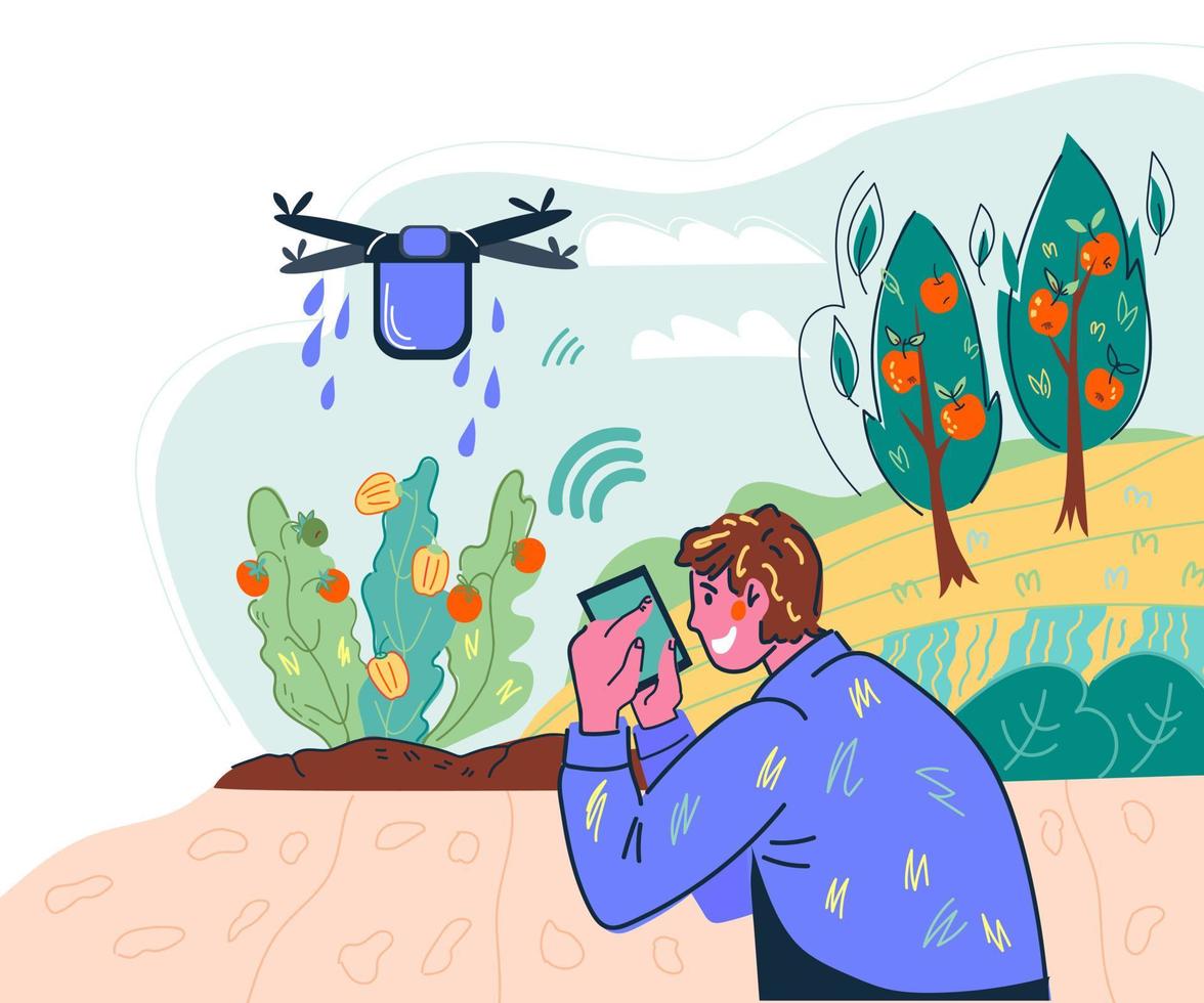 sistema agrícola inteligente y tecnología inalámbrica agrícola con drones controlados remotamente por granjeros. innovación industrial a distancia para la producción de cultivos. ilustración vectorial de dibujos animados. vector