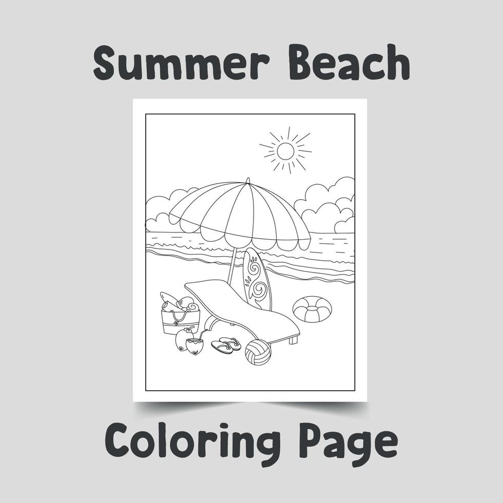 Coloring page of summer beach, line art on white background vector