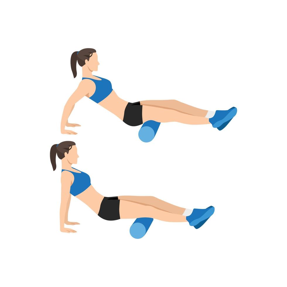 Woman doing Foam roller hamstring stretch exercise. Flat vector