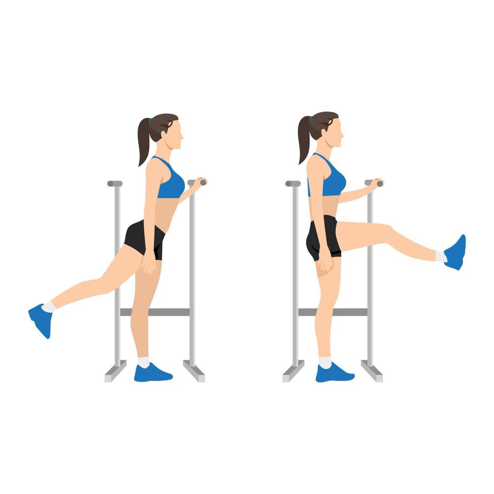 mujer haciendo ejercicio de columpios de cadera con la pierna hacia adelante. ilustración vectorial plana aislada sobre fondo blanco vector