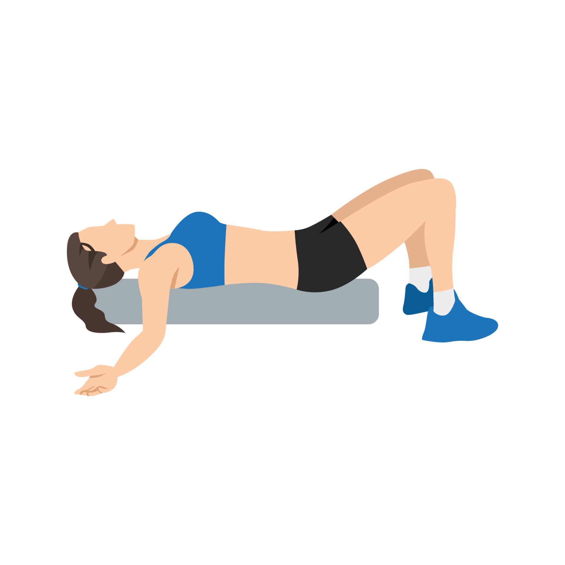 Woman doing Foam roller chest opener stretch exercise. Flat vector