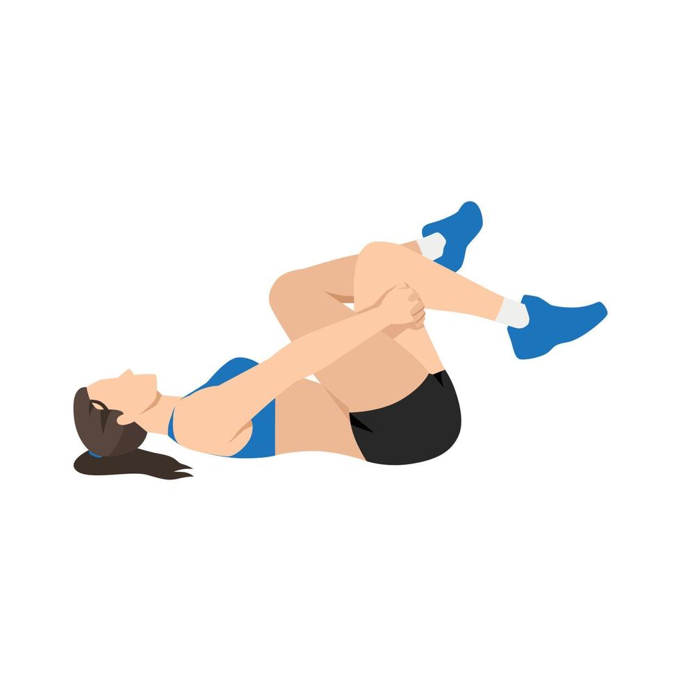 Woman doing Gluteus. Glute stretch exercise flat vector illustration isolated on white background