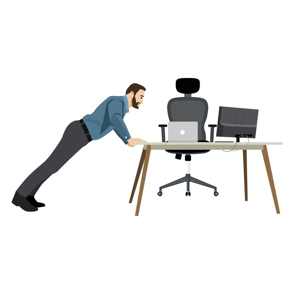 Man in business clothes is doing exercises push up in the office chair. Businessman in healthy mode. Vector flat illustration.