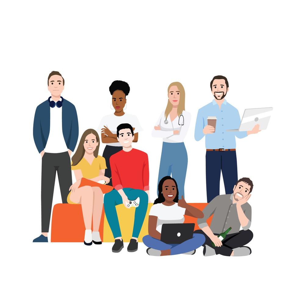 Business multinational team. Vector illustration of diverse cartoon men and women of various races, ages and body type in office outfits. Isolated on white.