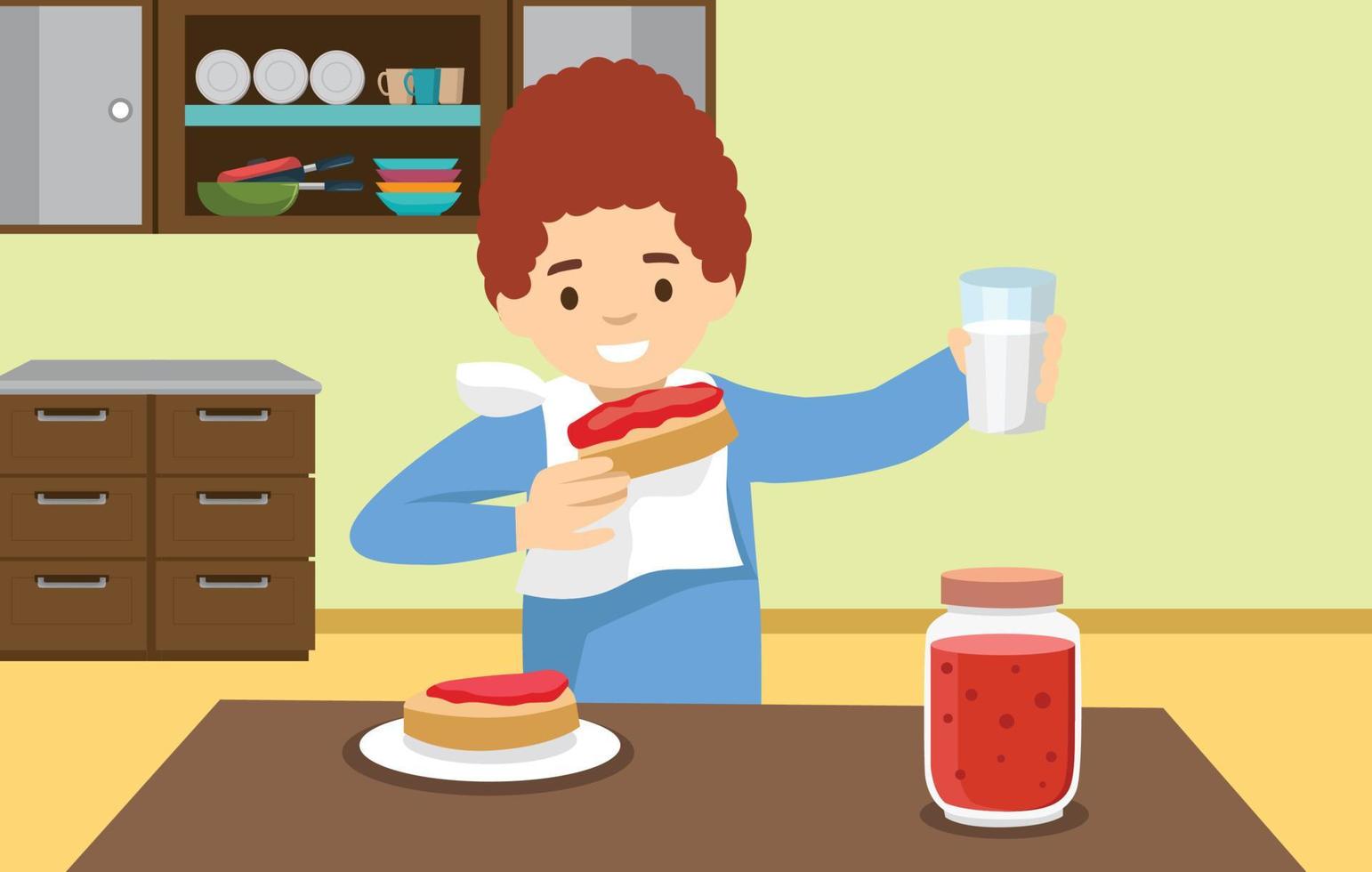 niño come sándwiches de desayuno, mermelada. niño en la mesa. comida y elemento de cocina. personaje feliz de pelo rojo. ilustración de dibujos animados plana vector