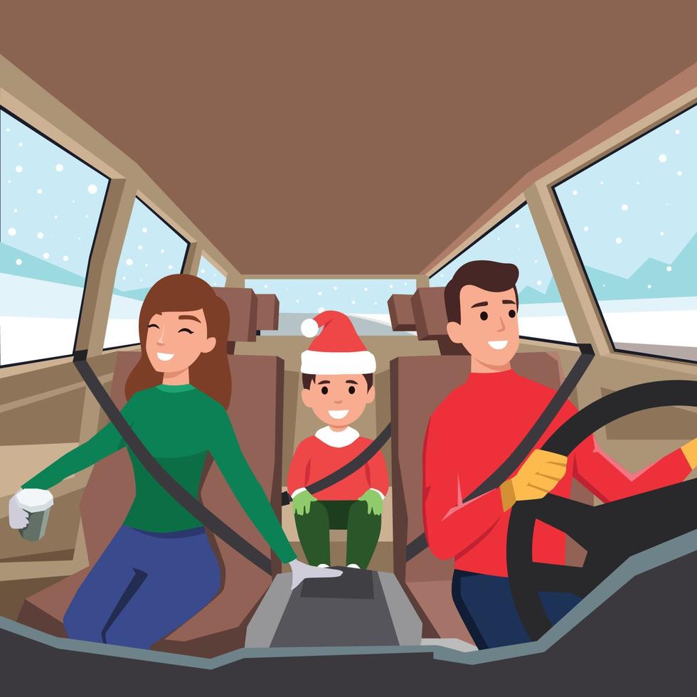 familia conduciendo a un viaje por carretera. vista desde el interior del auto con el padre, la madre y su hijo sentados felizmente con el cinturón de seguridad puesto en un día de navidad vector