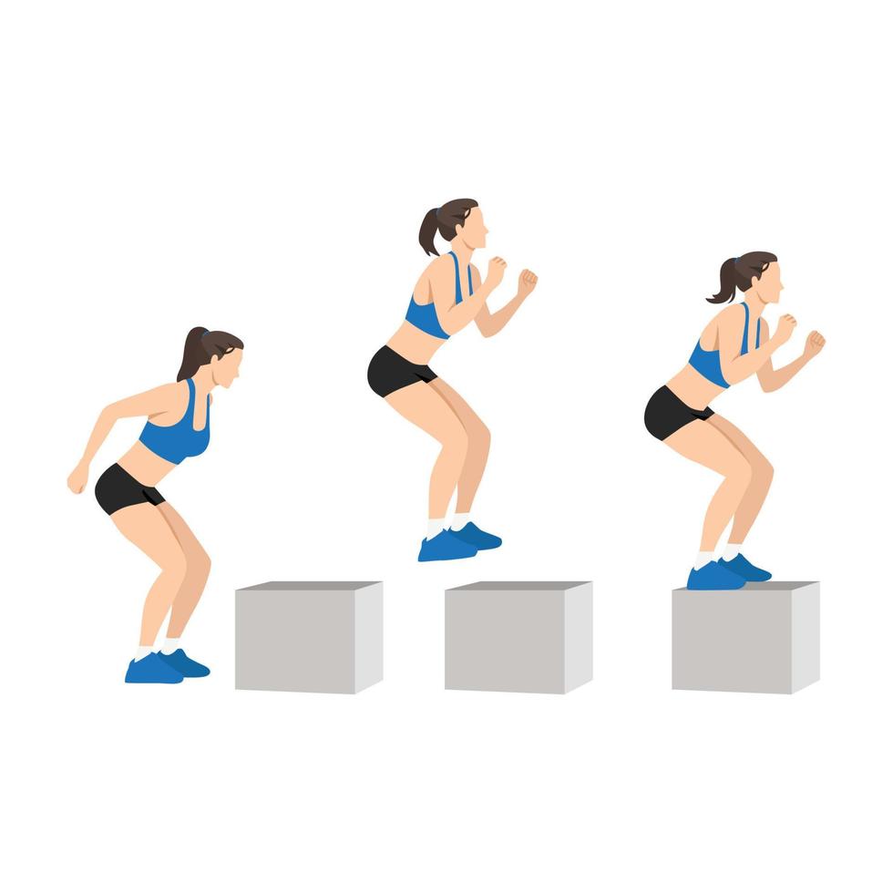 Woman doing High box jump exercise. Flat vector illustration isolated on white background