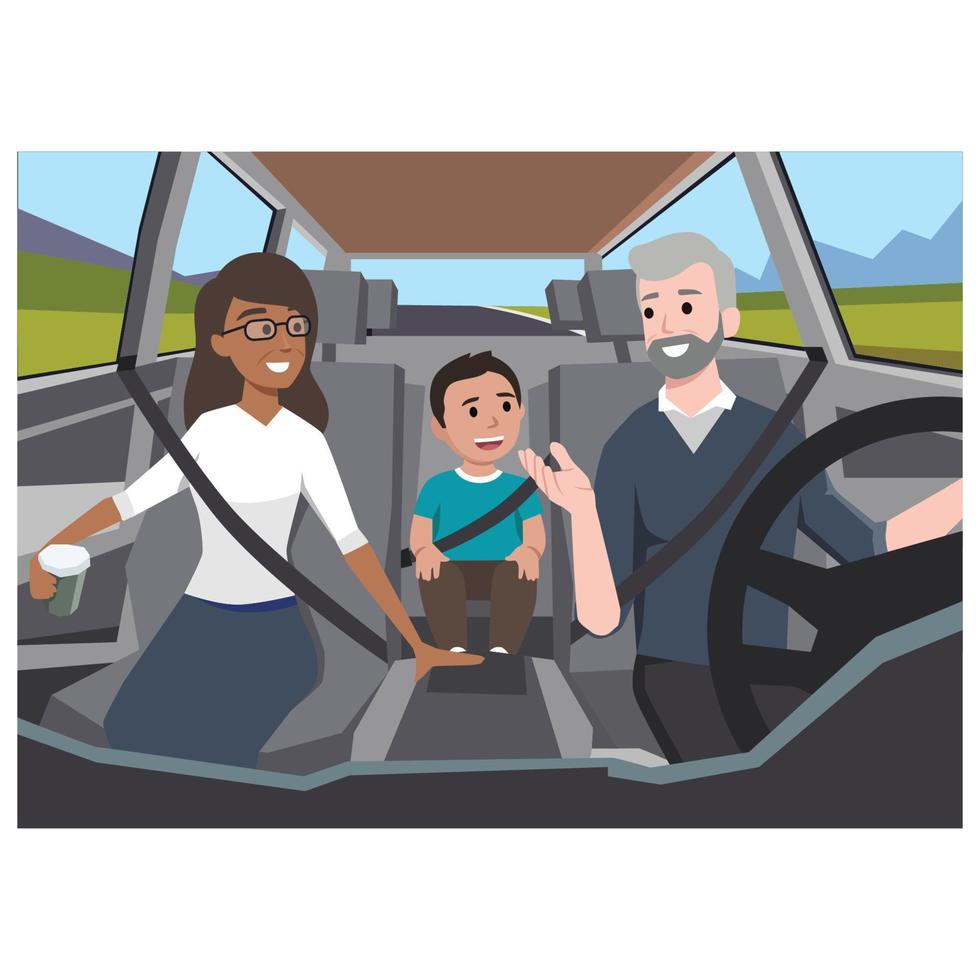 family driving to a road trip. View from interior of the car with father,mother, and their son sitting happily wearing seatbelt. Flat vector illustration