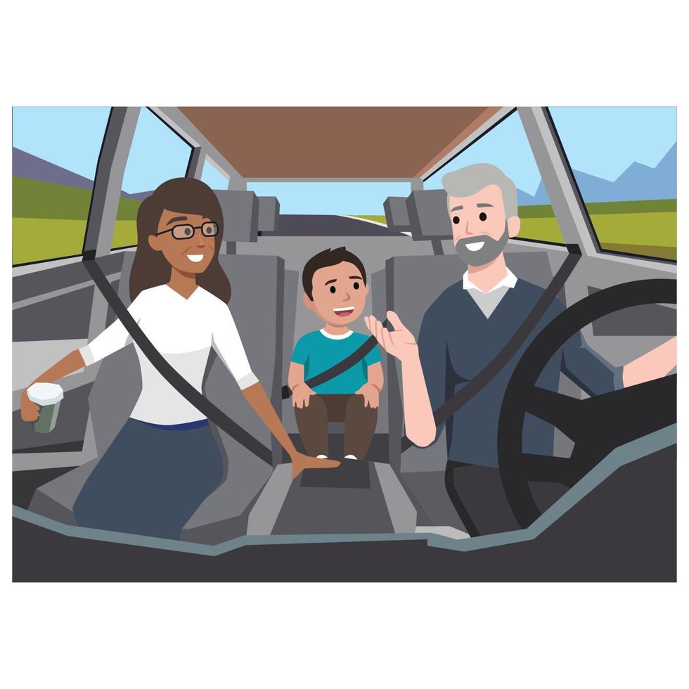 familia conduciendo a un viaje por carretera. vista desde el interior del camión con el padre, la madre y su hijo sentados felizmente usando el cinturón de seguridad. ilustración vectorial plana vector