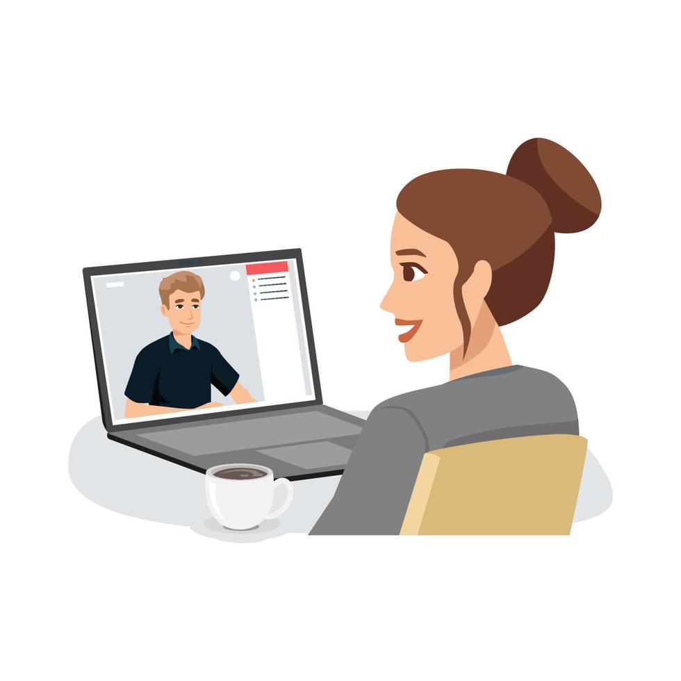 mujer joven que tiene videoconferencia con colegas. videollamada corporativa, discusión distante. hablando en linea concepto de trabajo en equipo durante la cuarentena. ilustración vectorial en estilo de dibujos animados plana vector